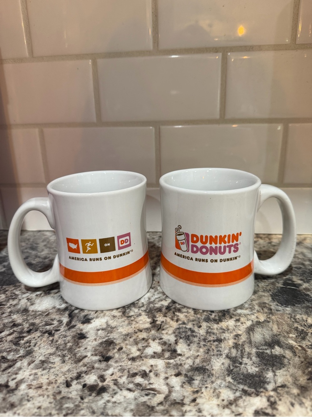 2008 Dunkin Donuts White and Orange Ceramic Coffee Mug - Set of 2